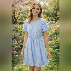 Light Blue Gingham Cottagecore Dress Size XS Puff Sleeve Spring